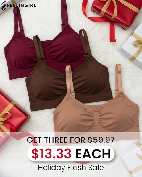 A top-down, high-contrast studio shot showing three comfort bras in seasonal colors, featuring a bold bundle price and a holiday-themed flash sale overlay.